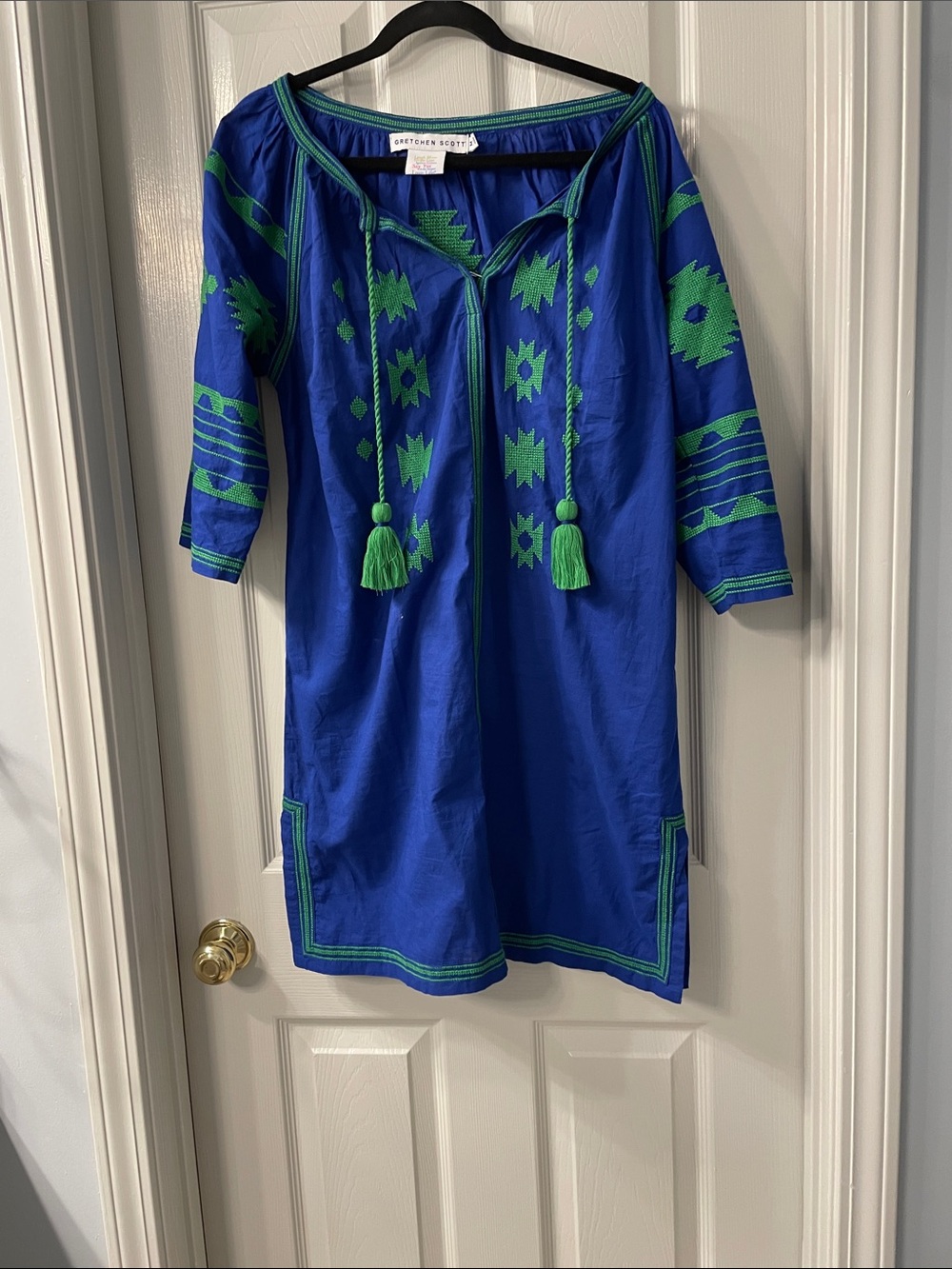 Gretchen Scott Designs Royal Blue Tunic Dress with Green Embroidery